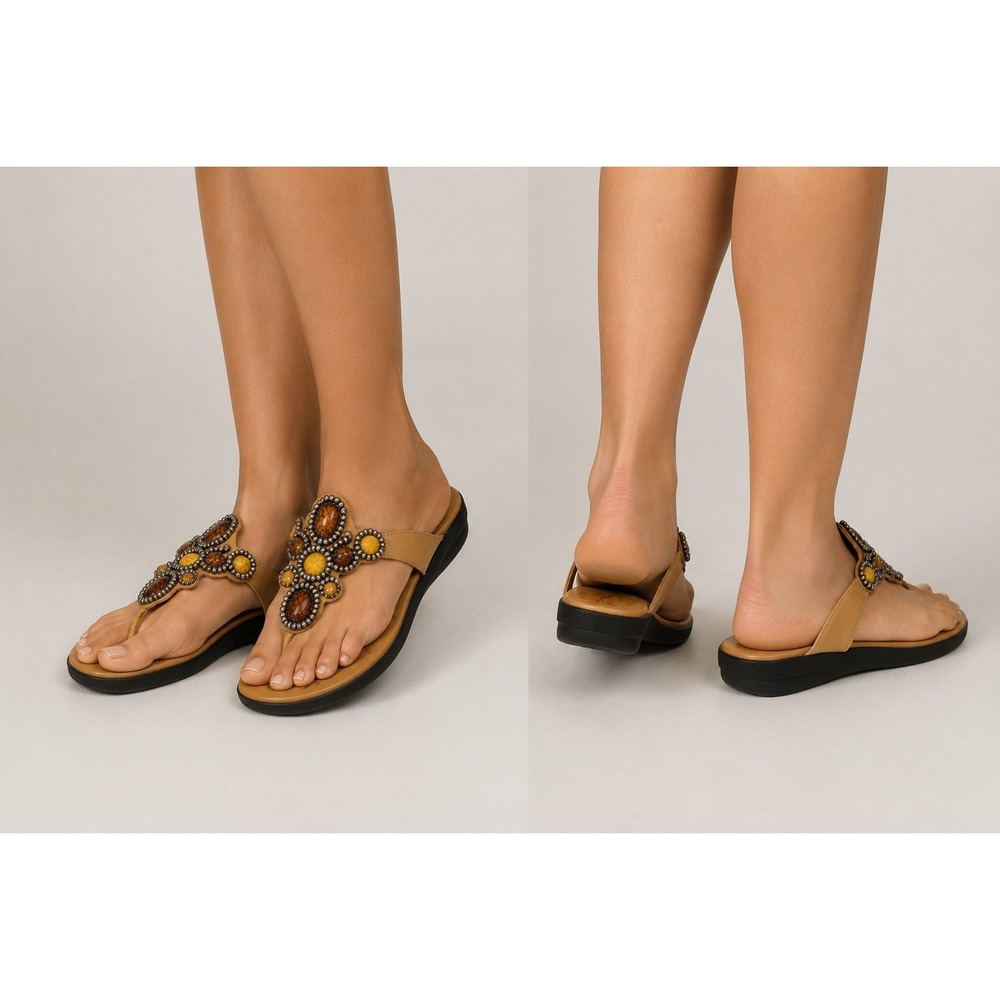Easy Street Women's Beaded Thong Sandals Tan Comfort Flip Flops Size 5.5M